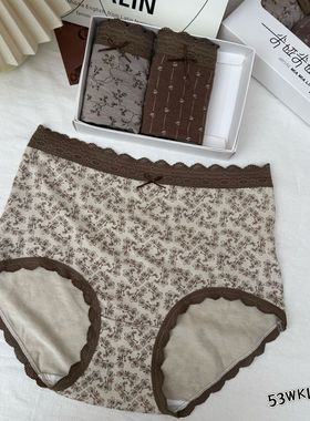 米娅林14703磨毛暖绒内裤女蕾丝边时尚印花中高腰包臀亲肤三角裤
