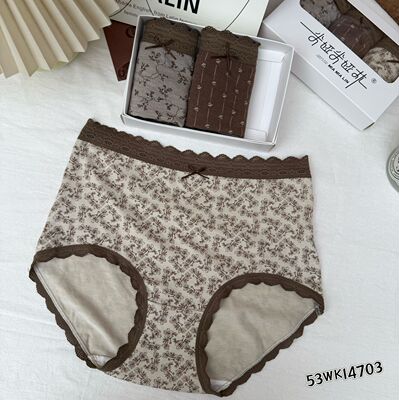 米娅林14703磨毛暖绒内裤女蕾丝边时尚印花中高腰包臀亲肤三角裤