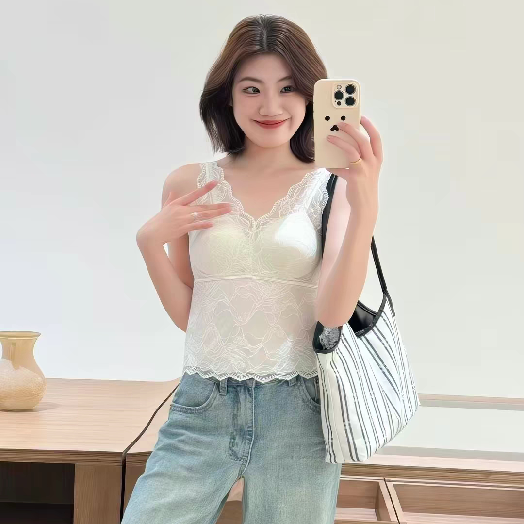 轻盈裸感无痕蕾丝吊带背心美背性感白色胸垫打底内搭25258