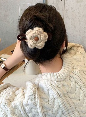 针织毛线花朵懒人抓夹女高级感后脑勺盘发夹鸭嘴夹发饰半扎发头饰