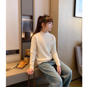 女童刺绣麻花打底毛衣2025冬装新款中大童修身保暖超软糯针织衫