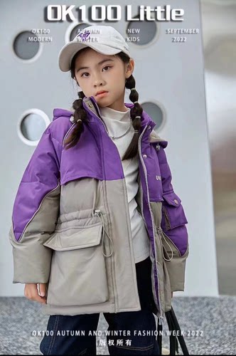 OK100童装24冬装新款女童时髦工装夹克白鸭绒羽绒服外套中大童潮
