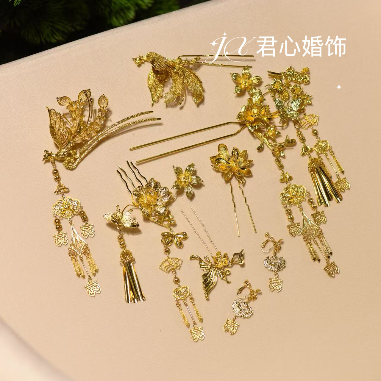 君心家 M3凤凰于飞 | 纯金色凤凰发钗八件套绒花套装龙凤褂头饰