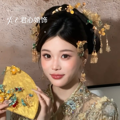 君心家 g216重工金绿水晶锆石流苏发钗七件套新娘高级感中式头饰