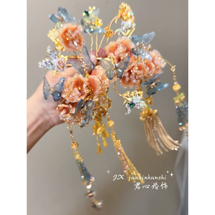 君心家 七件套新娘饰品 P170香槟花朵淡蓝蝴蝶水晶发钗甜美中式