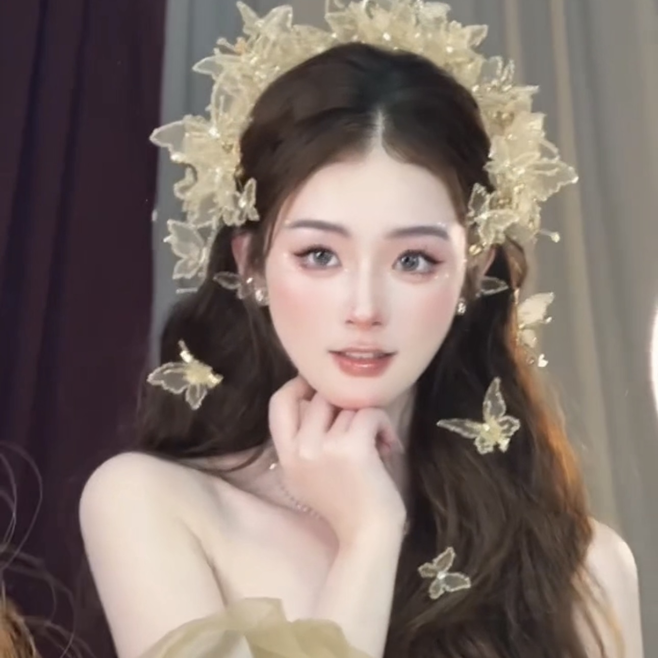 君心家 3135香槟金薄纱蝴蝶流光皇冠发夹耳环新娘头饰婚纱配饰