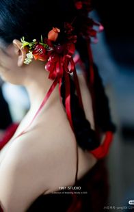 君心家 R4红色仿真花甜美蝴蝶结丝带发夹四件套新娘敬酒头饰