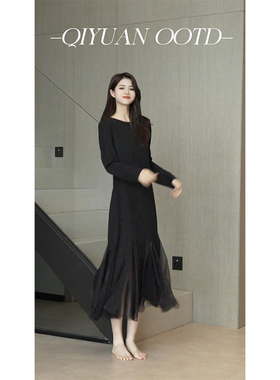 柒院家大码私服设计感法式气质黑色连衣裙秋季宽松遮肉显瘦中长裙
