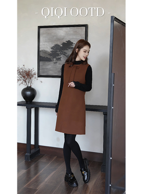 柒院家大码女装简约通勤撞色背心连衣裙2025秋冬款宽松遮肉马甲裙