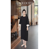 柒院家大码 私服设计感高级撞色长袖 连衣裙2025早秋遮肉显瘦中长裙