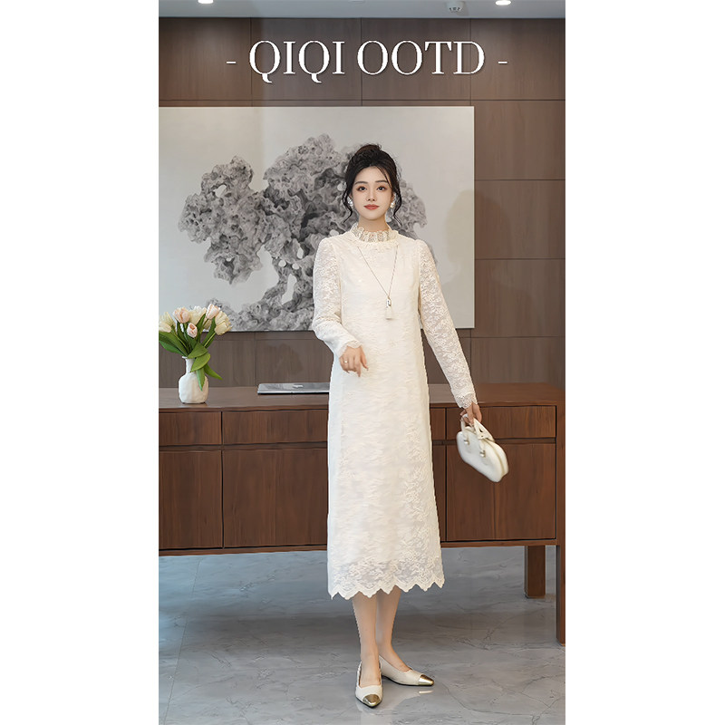柒院家大码女重工刺绣气质蕾丝连衣裙2026春季新款宽松显瘦中长裙