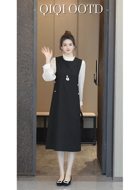 柒院家私服大码女装圆领黑色无袖连衣裙2025秋胖MM宽松显瘦背心裙