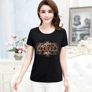 莫代尔纯棉网红重工烫钻体恤 t恤女黑色圆领夏季 正品 芮婷玫瑰短袖