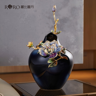 罗比罗丹珐琅彩陶瓷花瓶蓝色立体花朵装饰客厅玄关摆件工艺品