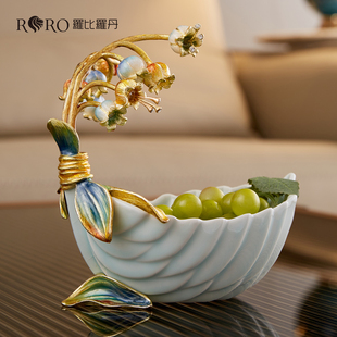 罗比罗丹《幸福归来》果盘手绘珐琅彩工艺铃兰花装饰果篮茶几摆件