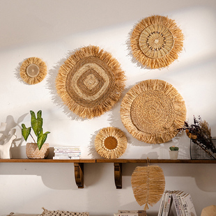 掬涵日式 饰品侘寂风 拉菲草手工草编挂饰玄关壁饰民宿背景墙壁挂装