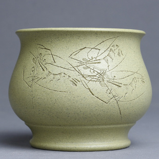 宜兴紫砂杯纯全手工主人杯原矿本山绿泥刻绘虾趣杯大号品茗杯精品