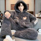 青少年卡通珊瑚绒夹棉睡衣男冬季 加绒加厚三层保暖法兰绒家居服
