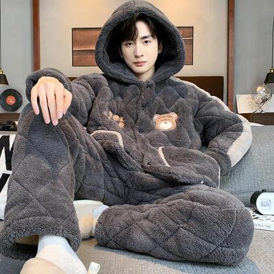 青少年卡通珊瑚绒夹棉睡衣男冬季加绒加厚三层保暖法兰绒家居服