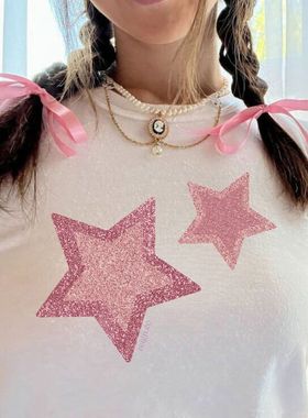 MoKie美式复古辣妹短袖女夏季新款星星印花修身显瘦T恤高短款上衣