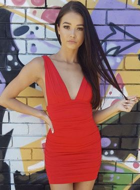 MoKie2024亚马逊跨境款女装 欧美性感无袖修身深V褶皱连衣裙量大