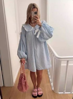 MoKie2024新款衬衫娃娃领减龄上衣长袖纯色高级感百搭灯笼袖连衣