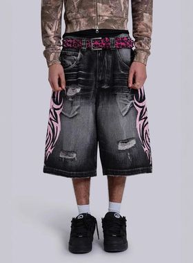 MoKie欧美跨境高街牛仔短裤jaded同款图腾印花破洞阔腿裤宽松七分