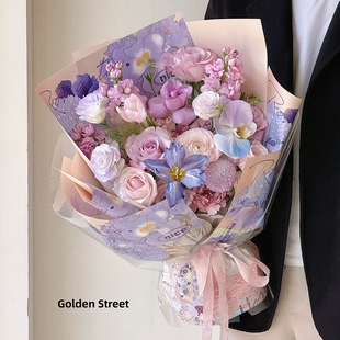 新款野兽派油画风花束包装纸加厚防水珠光膜艺术氛围英文包花纸