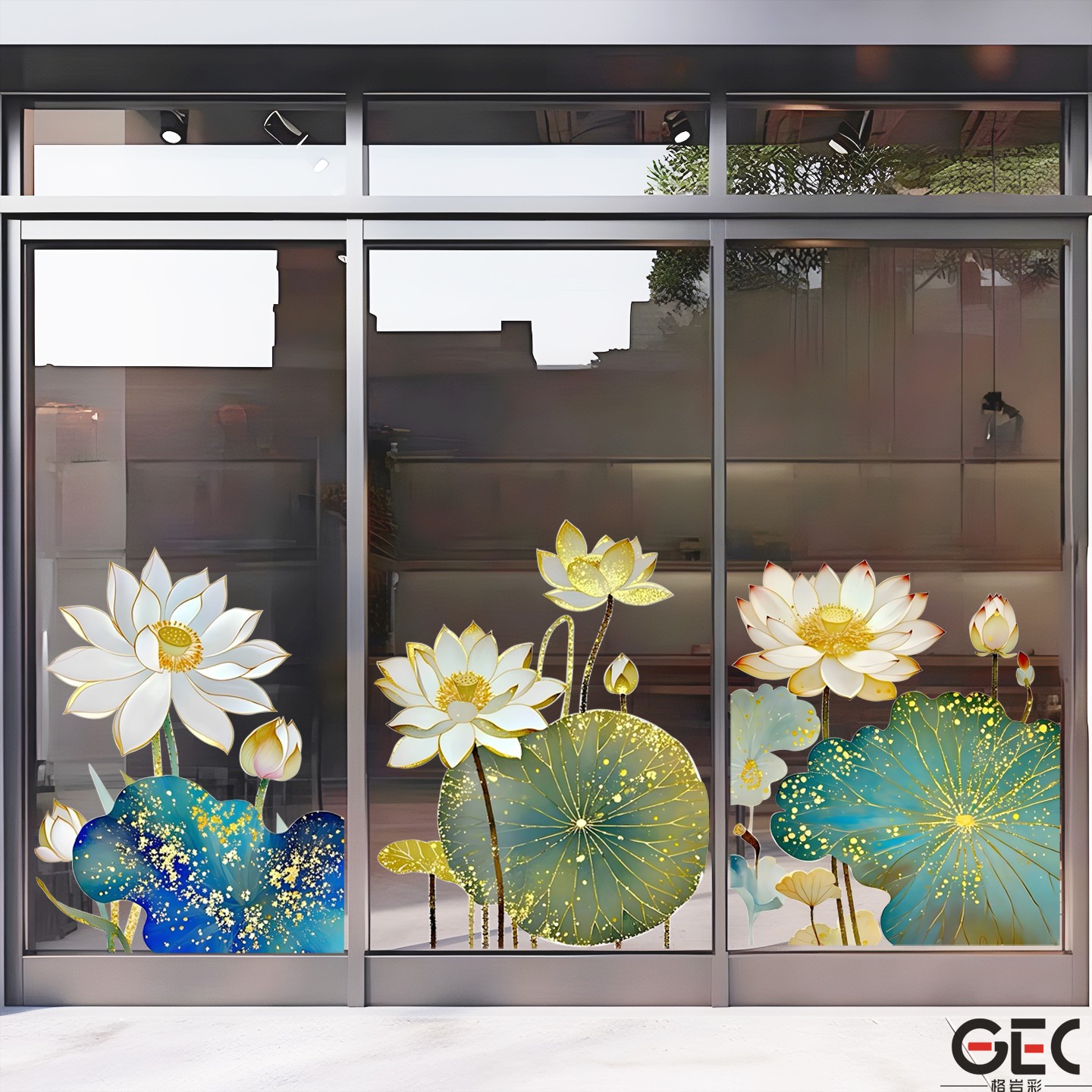 流金荷花创意静电透明玻璃贴纸商场店铺橱窗家装阳台厨房门布置画图片