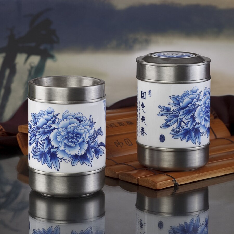 高档青花瓷 古锡两件套 国色天香礼品套装 骨瓷茶叶罐 骨瓷笔筒