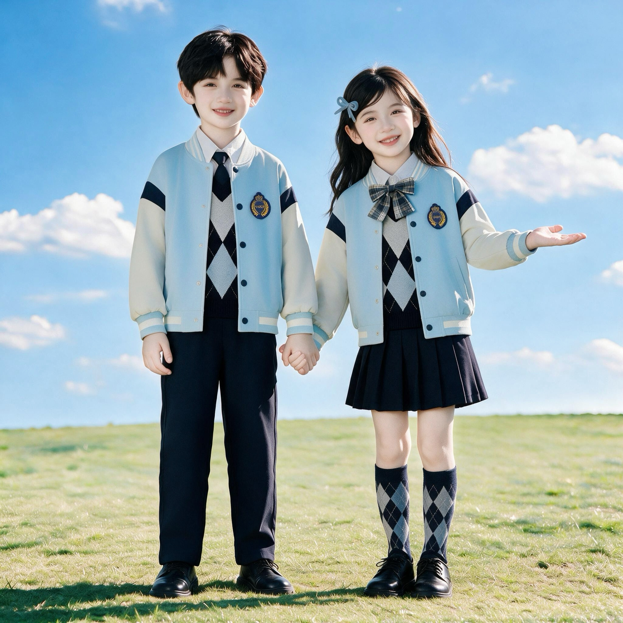 英伦风蓝色马甲四件套毕业班服
