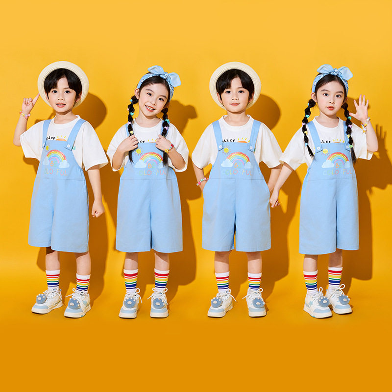 六一儿童演出服小学生运动会啦啦操班服合唱服表演T恤 蓝色背带裤