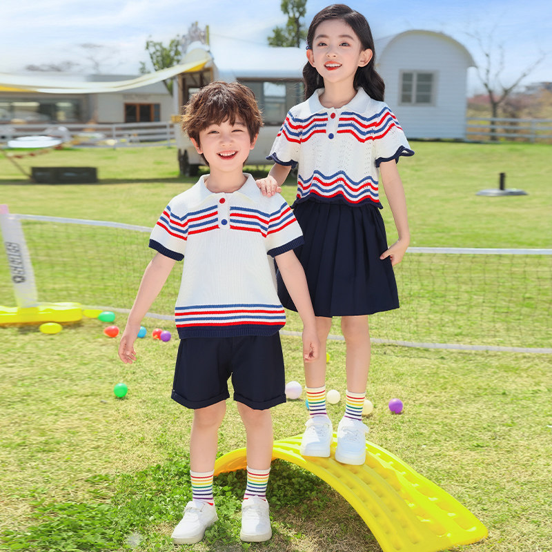 小学生夏季运动风条纹短袖两件套