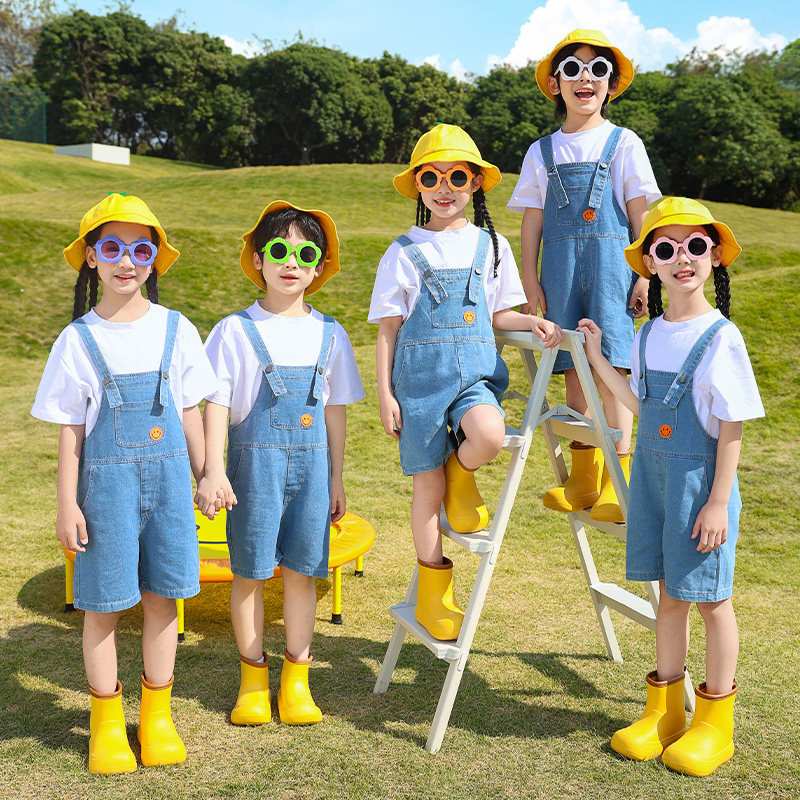 儿童牛仔背带裤班服幼儿园短袖演出啦啦服小学生学院风校服运动会