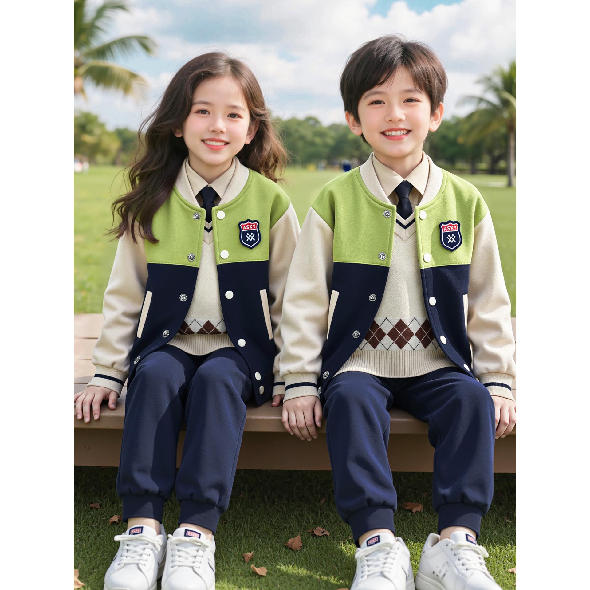 幼儿园园服春秋款小学生校服棒球服秋季套装儿童绿色班服三件套