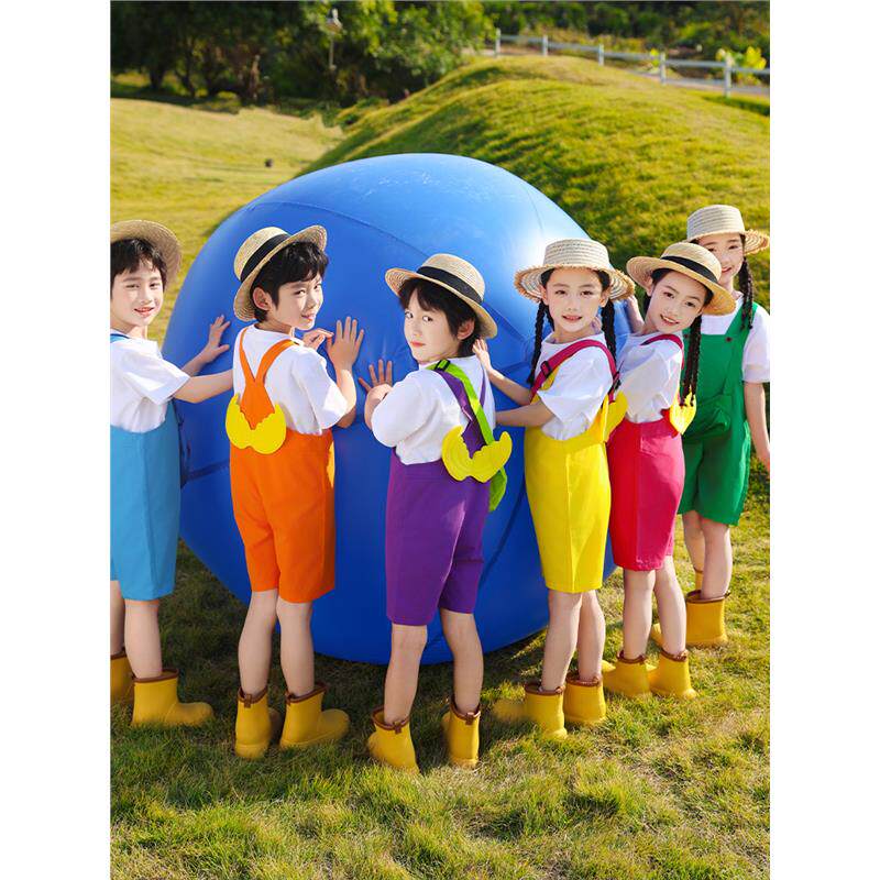 幼儿园服糖果色背带裤纯白T套装小学生夏季啦啦队班服六一表演服