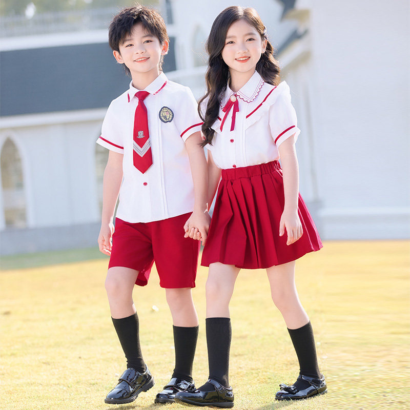 小学生校服夏季短袖英伦风红色班服幼儿园服六一合唱演出服毕业照