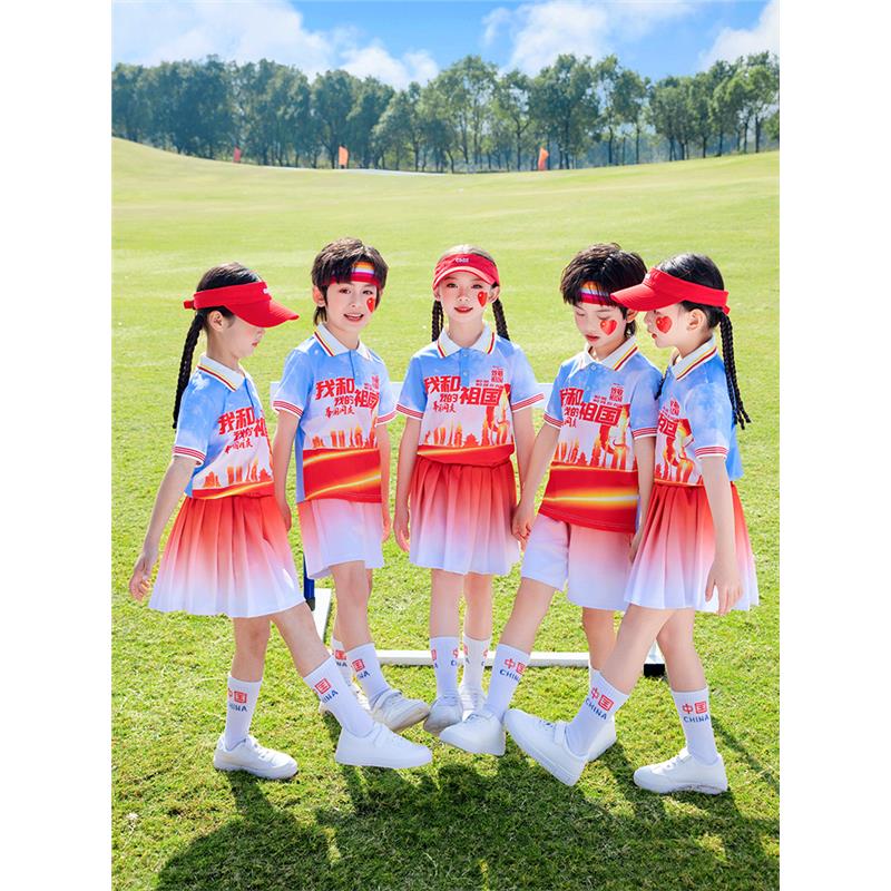 小学生校服夏季中国风短袖套装幼儿园园服红色运动班服合唱演出服