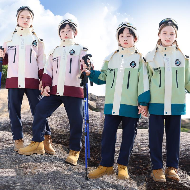 小学生校服冬季幼儿园园服加绒运动套装儿童绿色冲锋衣班服三件套