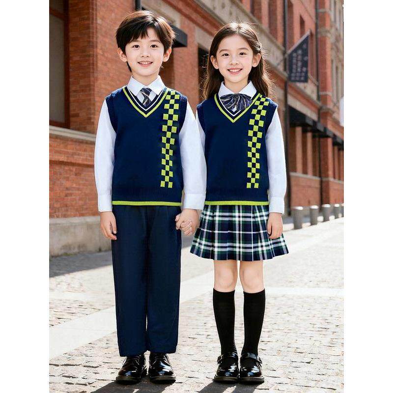 小学生藏青马甲格子裙校服套装