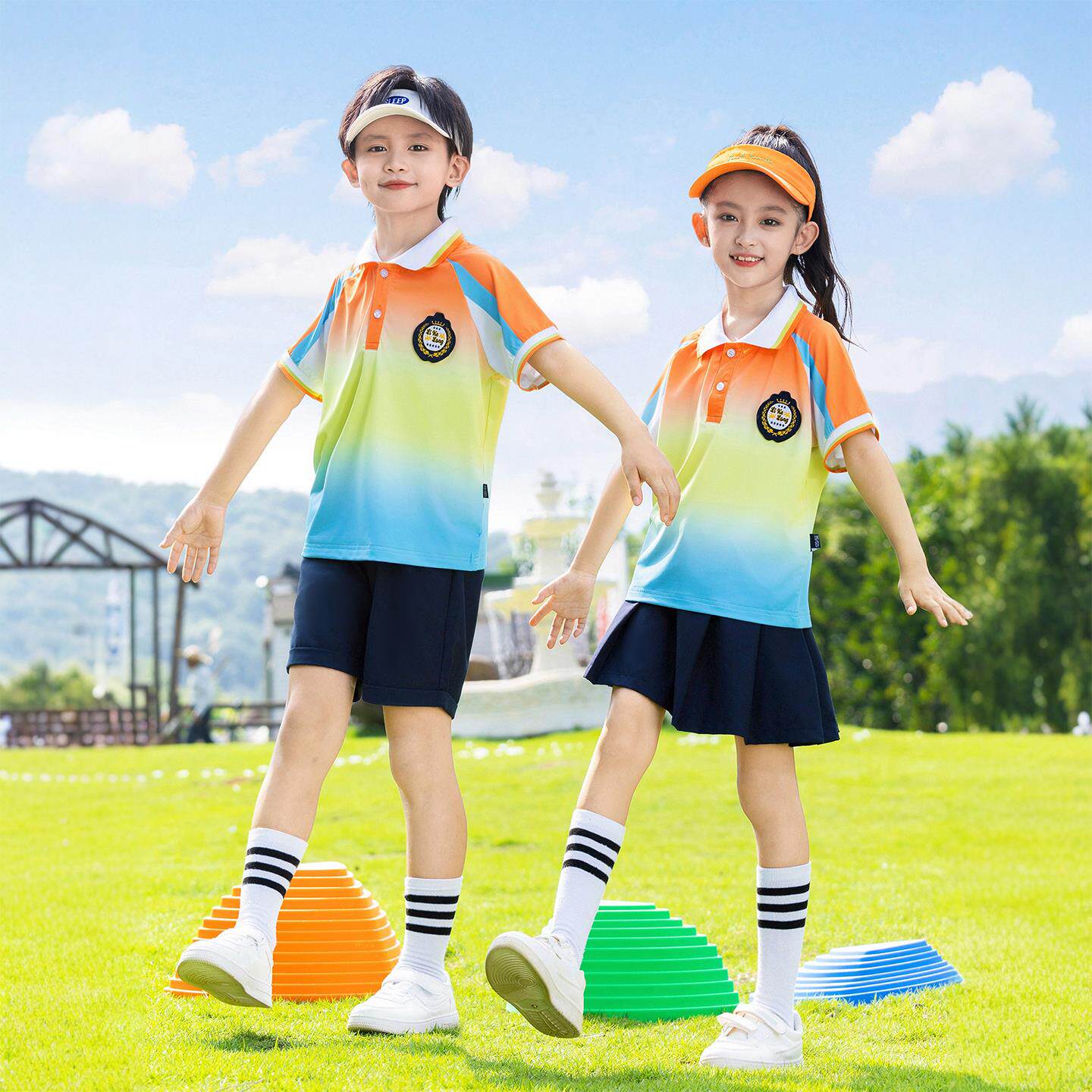 小学生个性校服套装渐变色表演服短袖夏儿童班服三件套幼儿园园服
