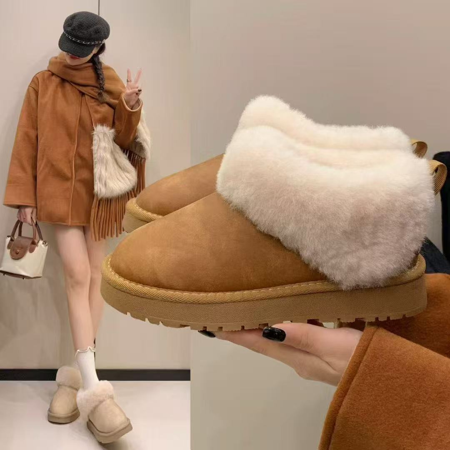 皮毛一体雪地靴加绒加厚防寒保暖