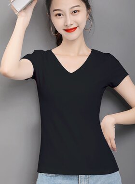 包邮女士v圆领t恤短袖夏薄款纯棉修身黑色内搭半袖2025潮打底上衣
