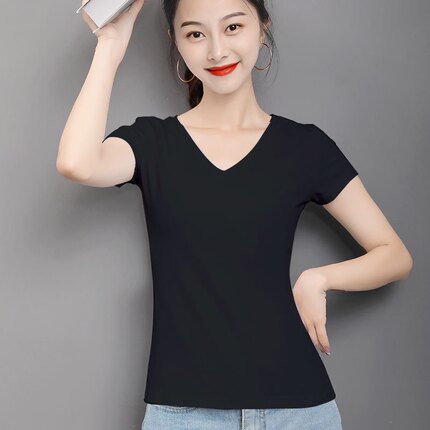 包邮女士v圆领t恤短袖夏薄款纯棉修身黑色内搭半袖2025潮打底上衣