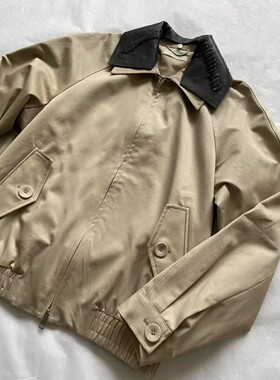 巴黎复古工装女秋绅士拼接皮领卡其工装夹克