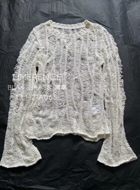 新品撕裂感破碎镂空钩织圆领白色上衣