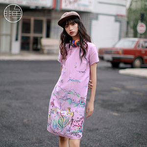 非鱼改良文艺女装旗袍夏季新款潮感印花连衣裙气质中长款女裙