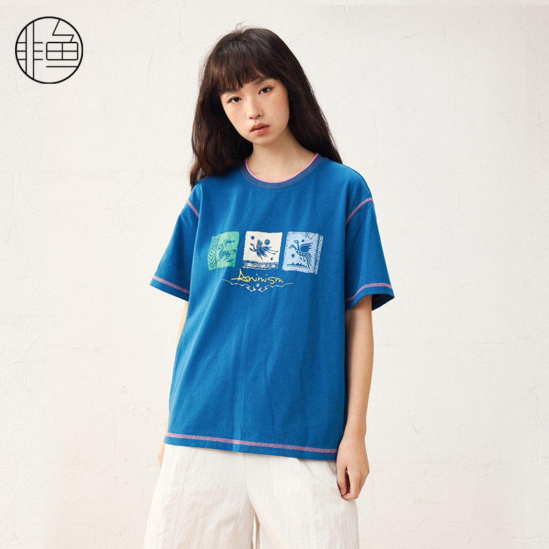非鱼春季新款25新品短袖设计感印花减龄女T恤多色百搭套头上衣