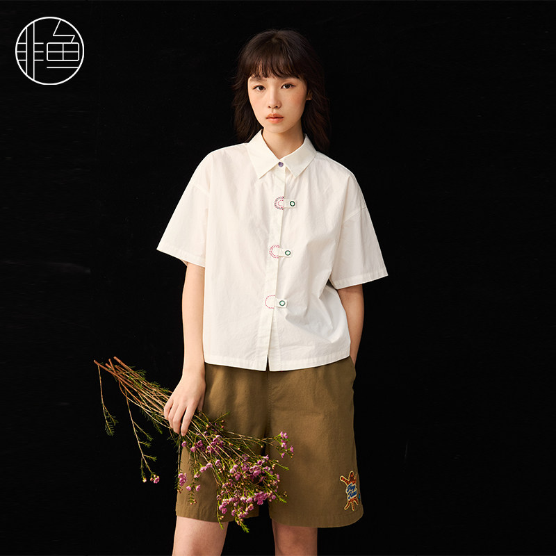非鱼25小翻领衬衫春季新款文艺清新减龄女开衫潮感刺绣女装上衣
