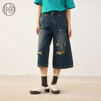 非魚(yú)2025春季新款復(fù)古破洞牛仔褲水洗設(shè)計(jì)感女中褲直筒闊腿短褲
